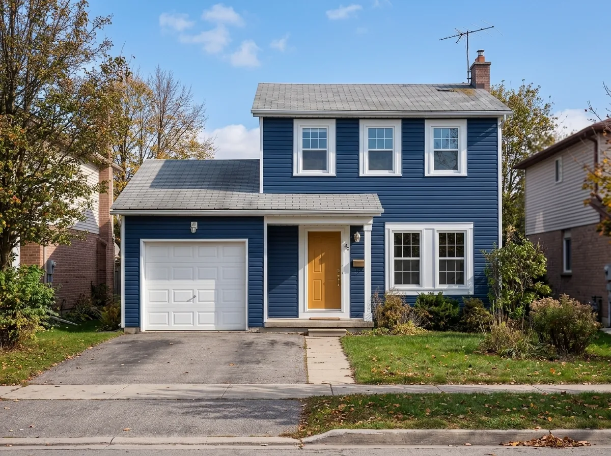 House exterior after professional painting: fresh navy siding with white trim and amber front door