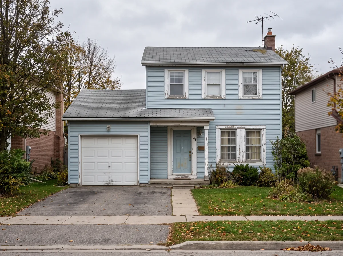 House exterior before painting: faded, chalky light-blue siding and peeling trim