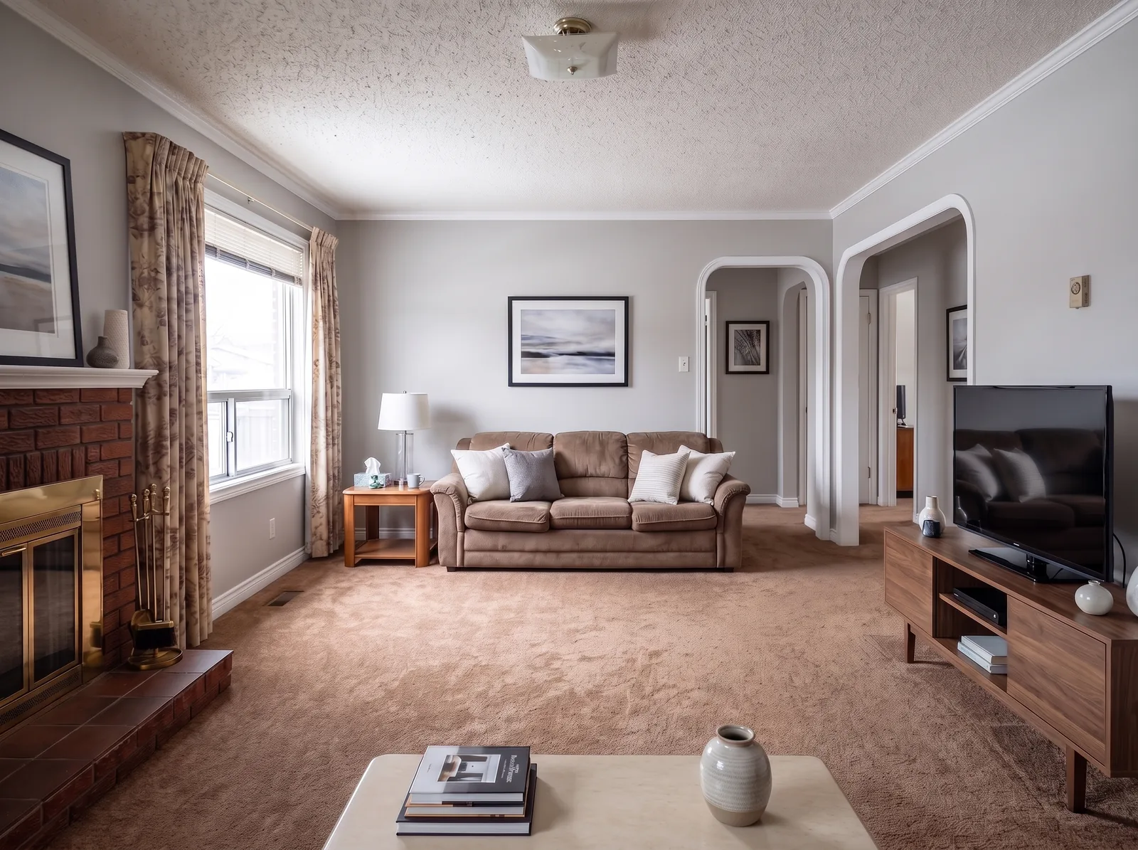 Living room after professional painting: fresh dove-gray walls, crisp white trim and a clean, tidy space