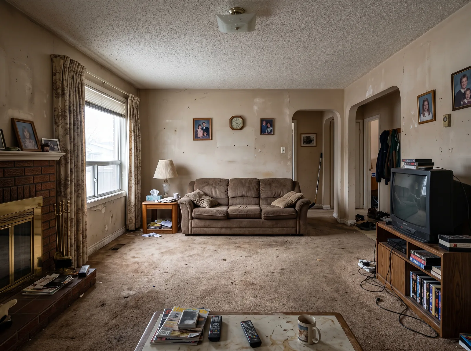 Living room before painting: worn, stained beige walls