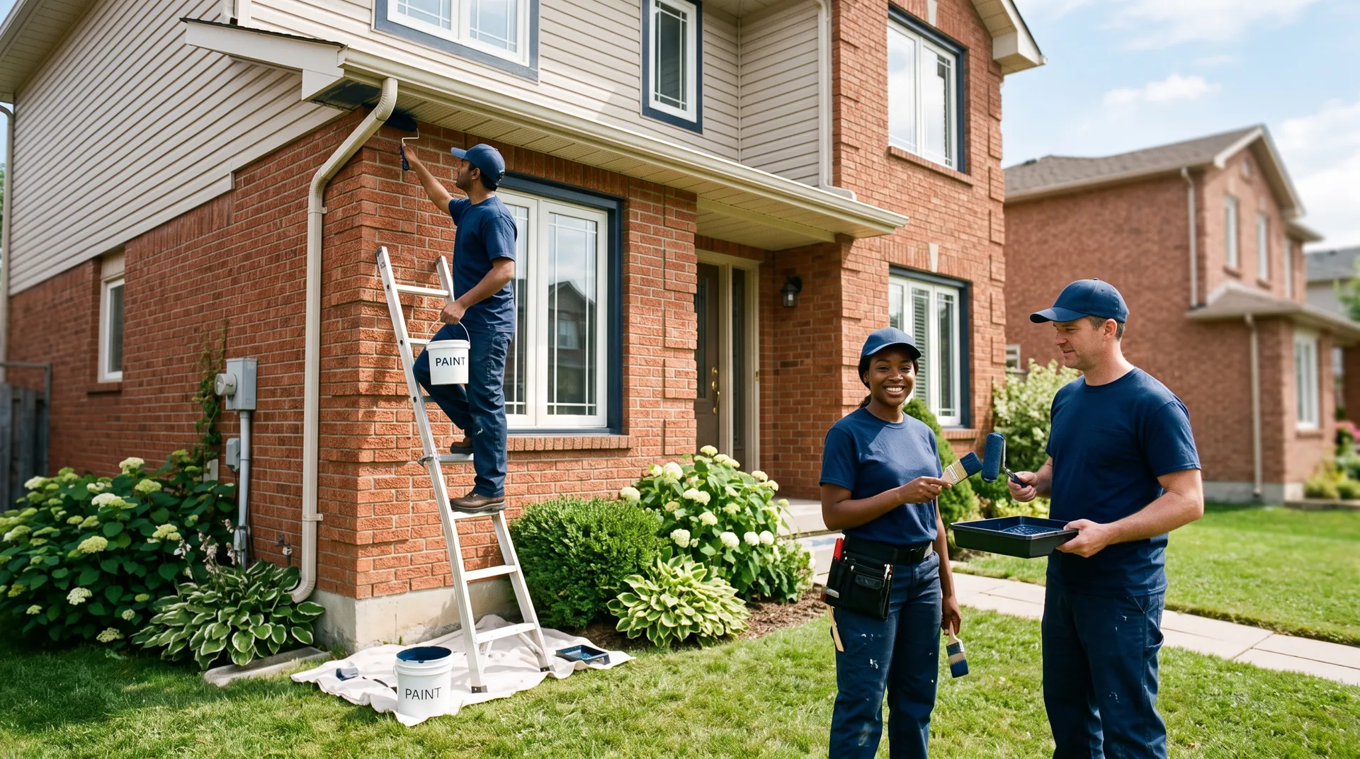 Brampton's Best Painters crew painting the exterior trim of a brick home in the GTA on a sunny afternoon
