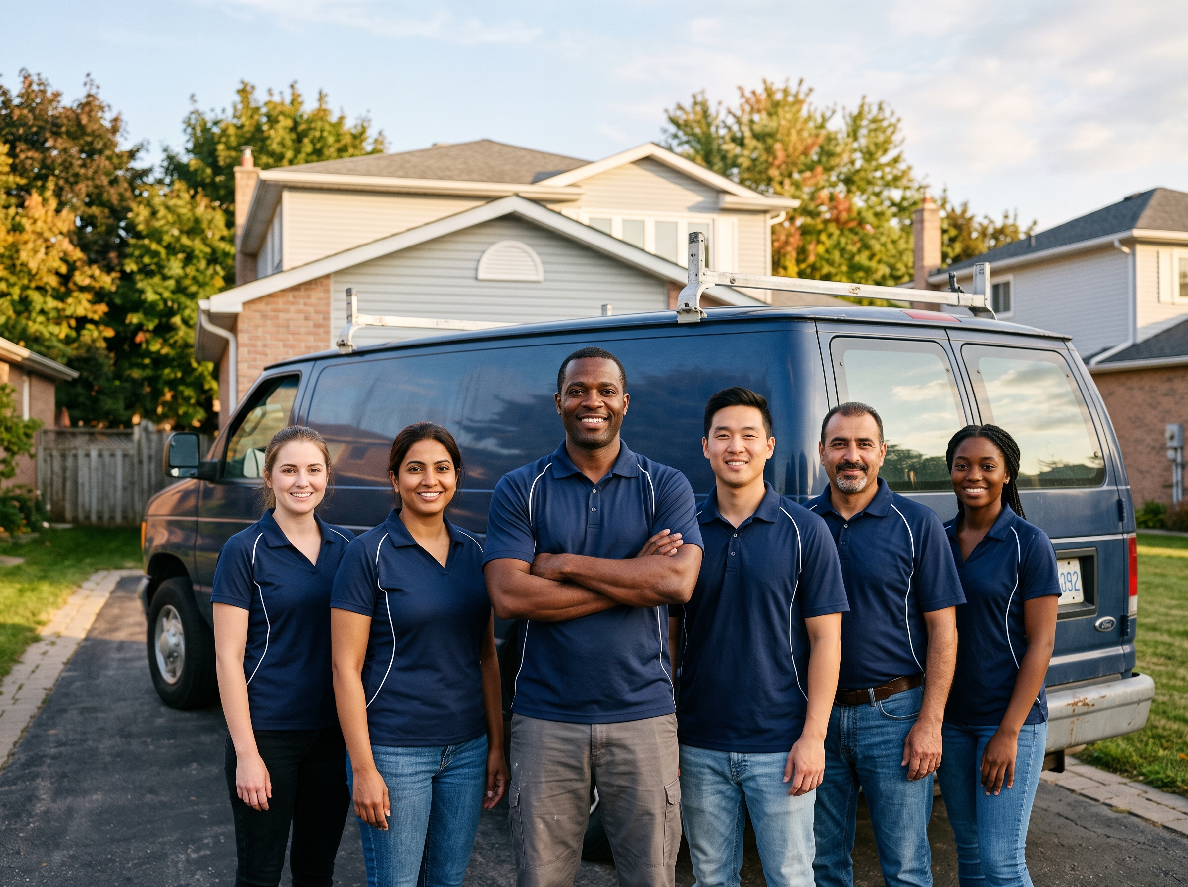 The Brampton's Best Painters crew, a diverse team of six, standing in front of their work van
