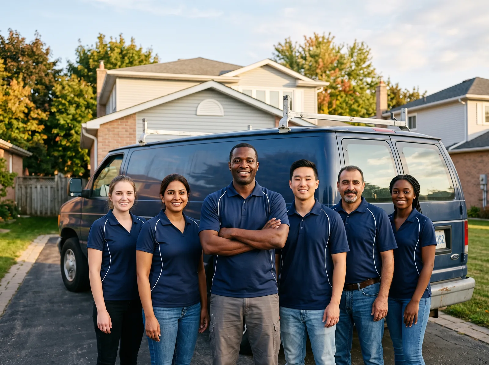 The Brampton's Best Painters crew, a diverse team of six, standing in front of their work van